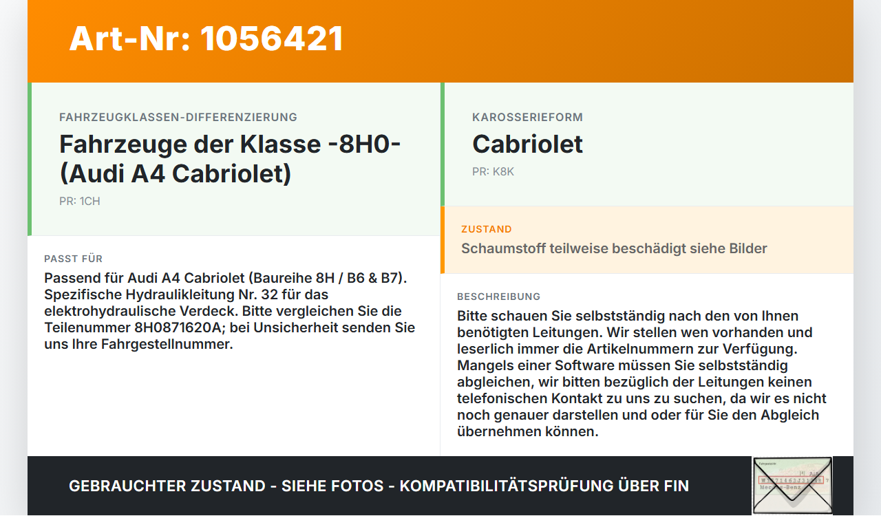 Audi A4 B6 8H 02-05 Cabrio Hydraulik Schlauch Leitung 32 Verdeck Audi A4 B6 8H 02-05 17.05.2005 8H0871620A gebraucht Vorschau 3