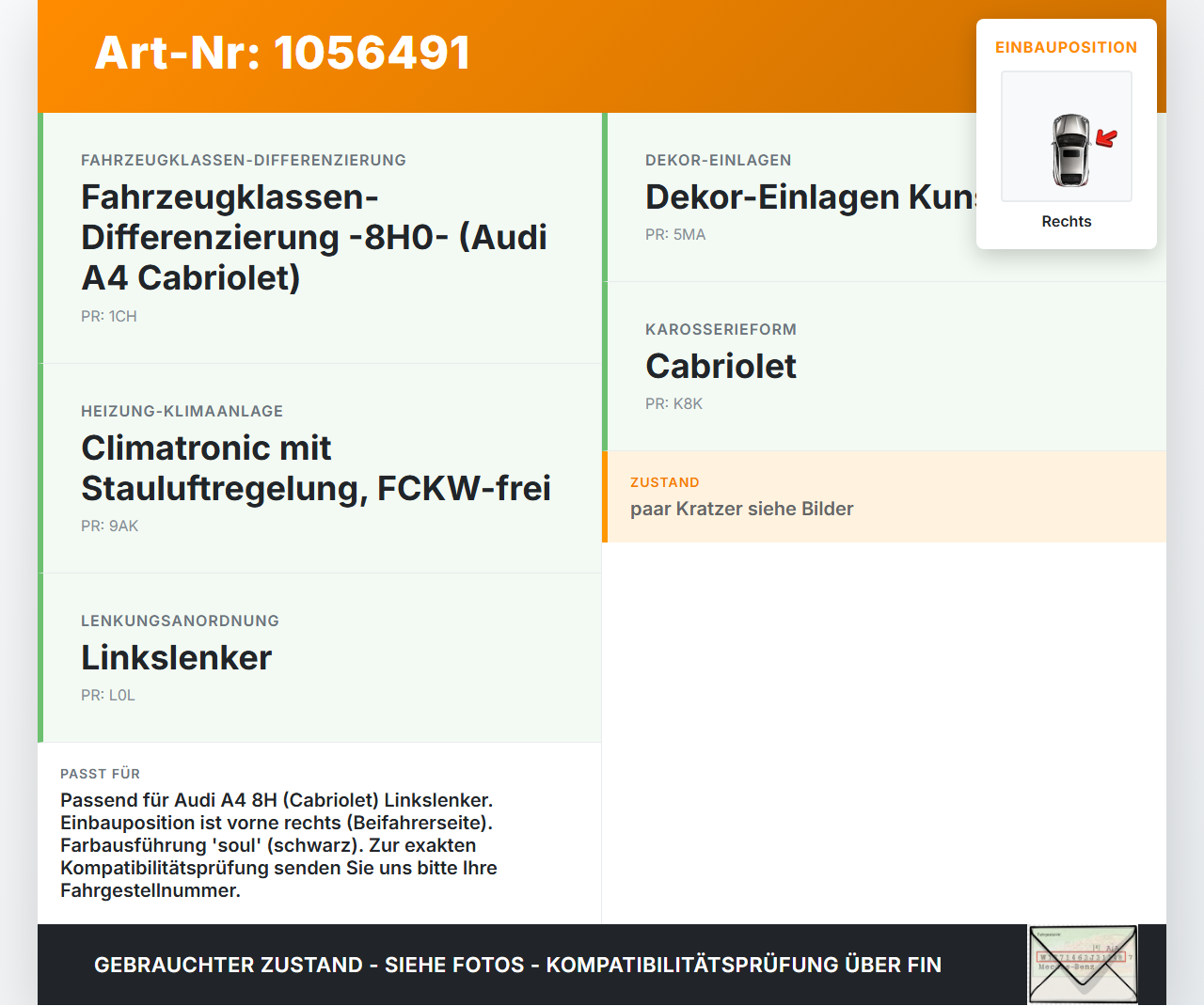 Audi A4 B6 8H 02-05 Luftdusche Luftdüse Rechts Audi A4 B6 8H 02-05 17.05.2005 8H0820902D gebraucht Vorschau 3