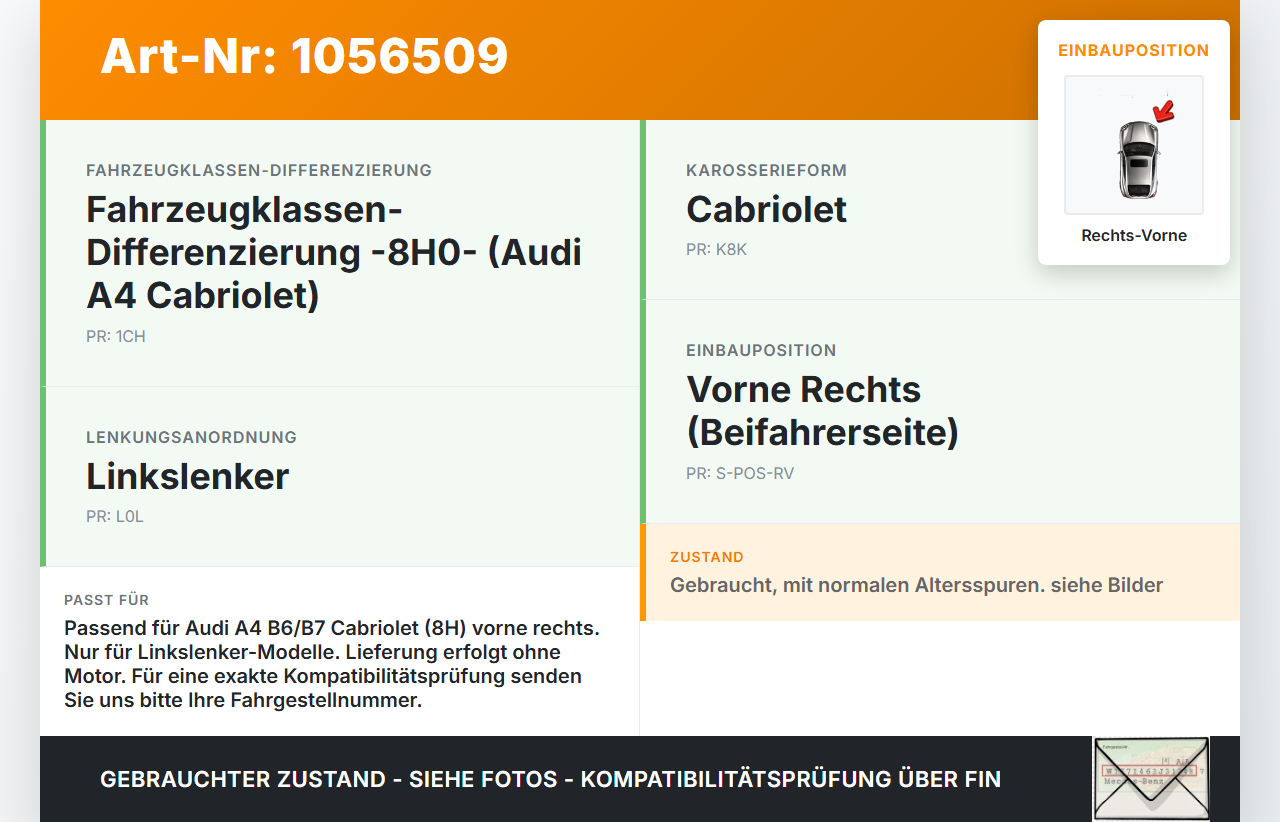 Audi A4 B6 8H 02-05 Cabrio Fensterheber o. FH-Motor Rechts Vorne Audi A4 B6 8H 02-05 17.05.2005 8H0837462A gebraucht Vorschau 3