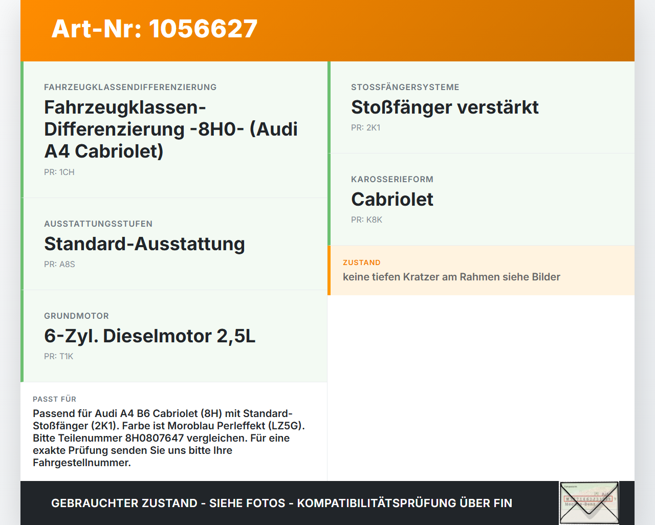 Audi A4 B6 8H 02-05 Lufteinlassgitter Stoßstange LZ5G Audi A4 B6 8H 02-05 17.05.2005 8H0807647 gebraucht Vorschau 3