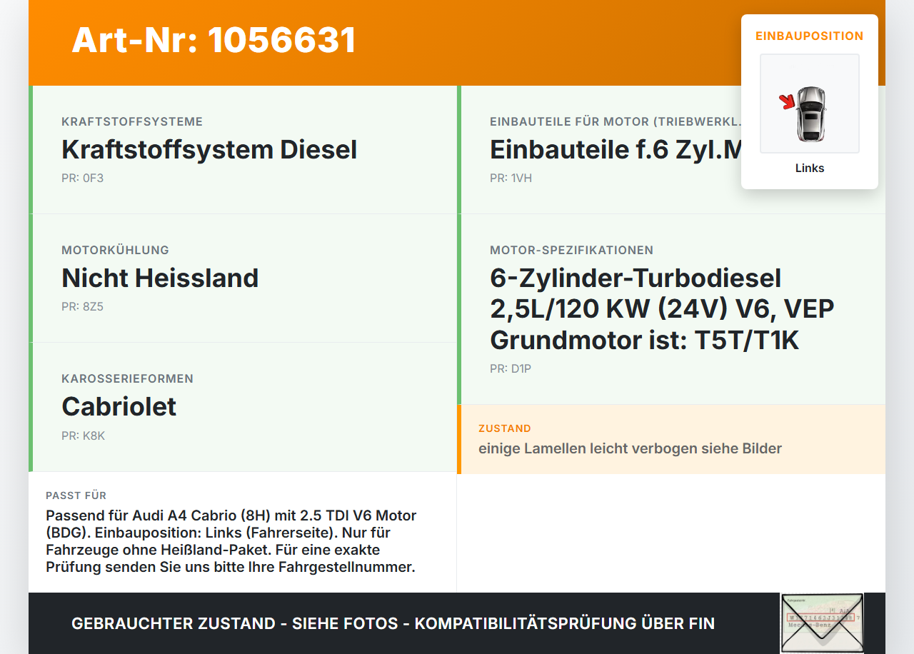 Audi A4 B6 8H 02-05 TDI 2,5 120KW Ladeluftkühler Kühler Links Audi A4 B6 8H 02-05 17.05.2005 8E0145805P gebraucht Vorschau 3
