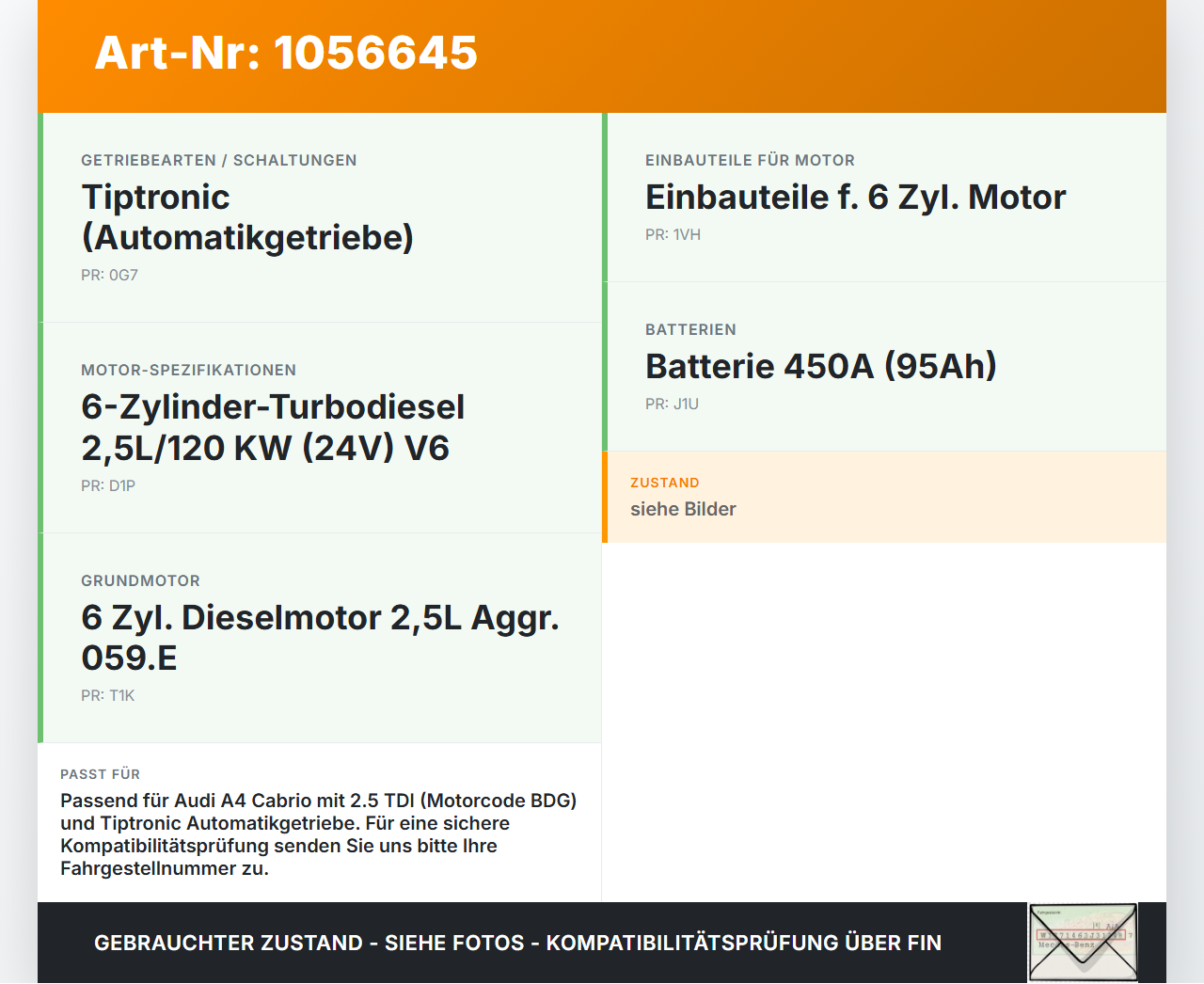 Audi A4 B6 8H 02-05 TDI 2,5 120KW Autom Anlasser Starter Audi A4 B6 8H 02-05 17.05.2005 059911023H gebraucht Vorschau 3