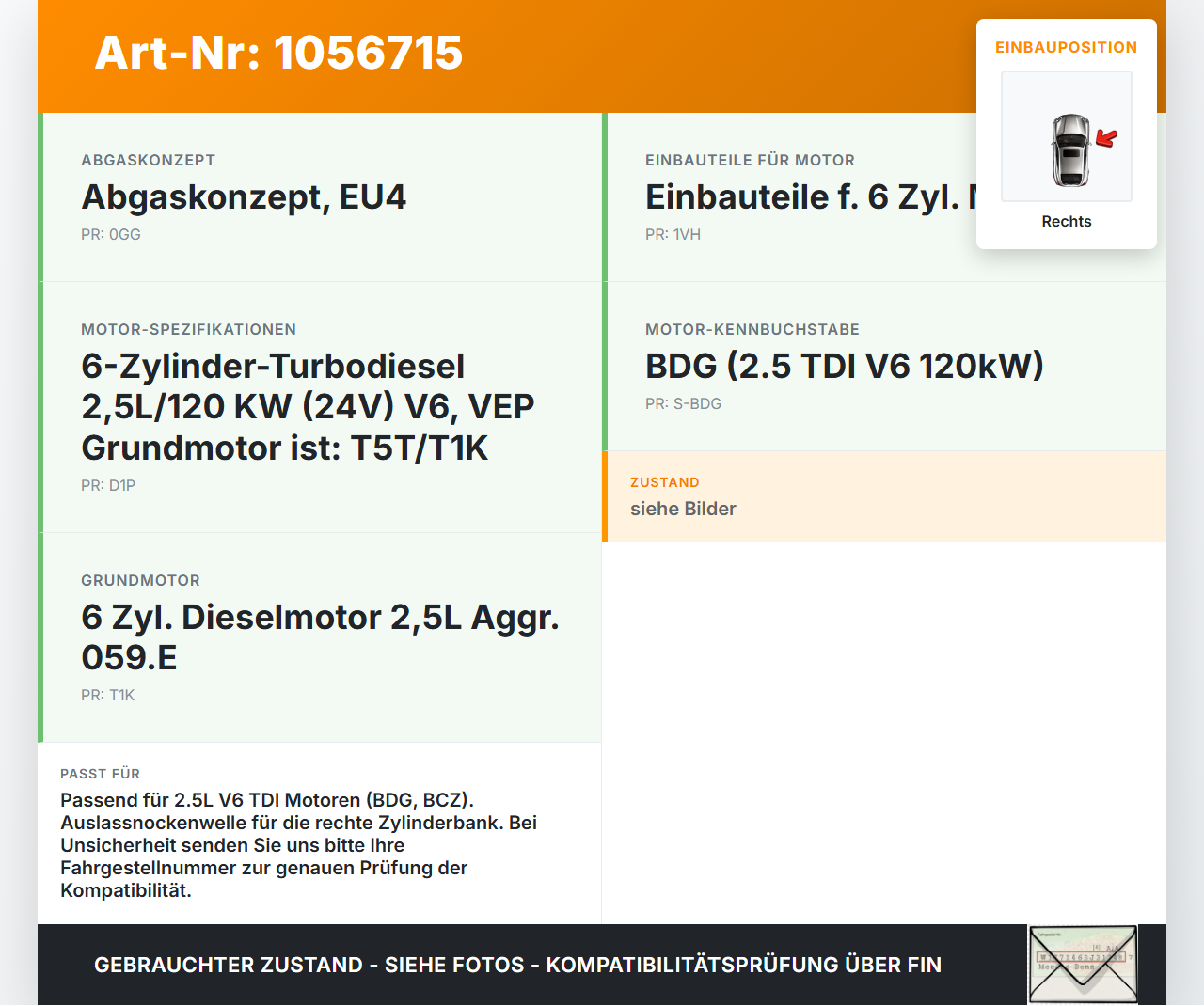 Audi A4 B6 8H 02-05 TDI 2,5 120KW BDG Nockenwelle Auslass Rechts Audi A4 B6 8H 02-05 17.05.2005 059109009BJ... Vorschau 3