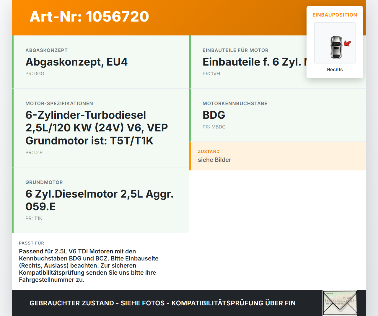 Audi A4 B6 8H 02-05 TDI 2,5 120KW BDG Nockenwelle Auslass Rechts Audi A4 B6 8H 02-05 17.05.2005 059109021CS gebraucht Vorschau 3