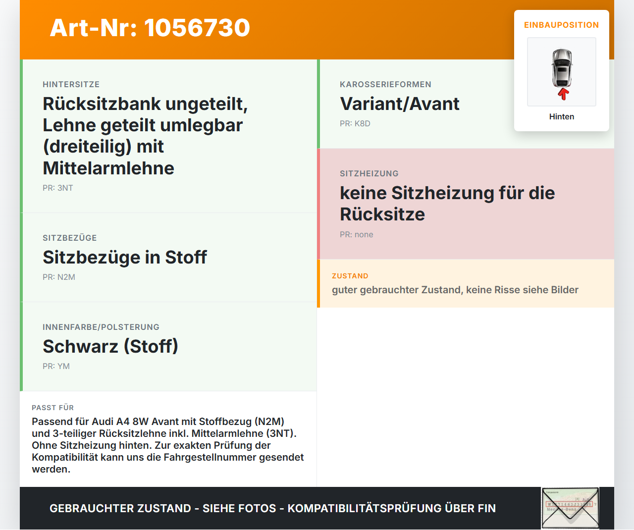 Audi A4 8W B9 15-19 Kombi Sitz Rücksitzbank Stoff schwarz Hinten Audi A4 8W B9 15-19 08.08.2017 8W0885375A... Vorschau 3