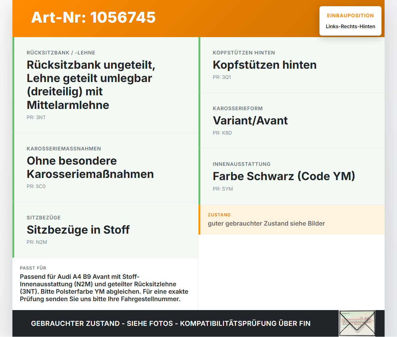 Audi A4 8W B9 15-19 Kopfstütze Rechts oder Links Hinten Audi A4 8W B9 15-19 08.08.2017 8W0885973 gebraucht Vorschau 3