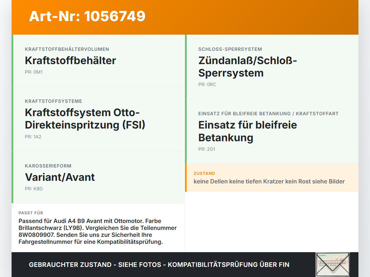 Audi A4 8W B9 15-19 Tankdeckel Tankklappe LY9B Audi A4 8W B9 15-19 08.08.2017 8W0809907 gebraucht Vorschau 3