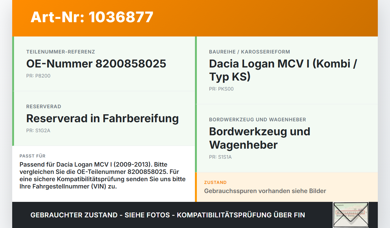 Dacia Logan MCV I KS 09-13 Wagenheber Dacia Logan MCV I KS 09-13 24.11.2009 8200858025 gebraucht Vorschau 3