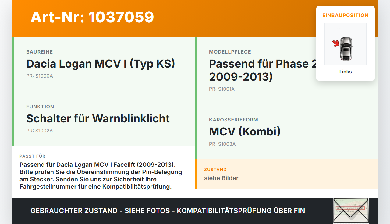 Dacia Logan MCV I KS 09-13 Warnblinkschalter Schalter Dacia Logan MCV I KS 09-13 24.11.2009 2131614 25177 gebraucht Vorschau 3