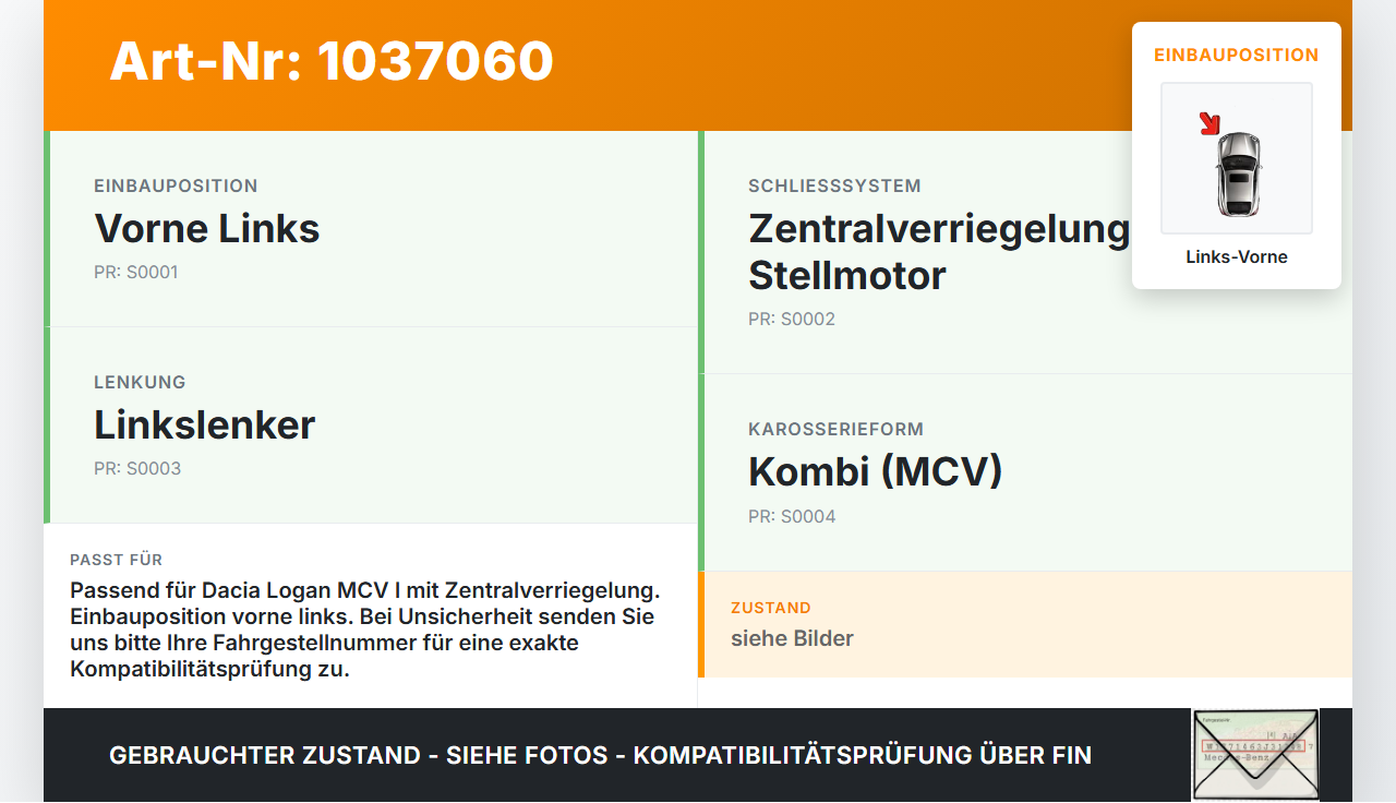 Dacia Logan MCV I KS 09-13 Türschloss m. ZV Stellmotor Links Vorne Dacia Logan MCV I KS 09-13 24.11.2009 gebraucht Vorschau 3