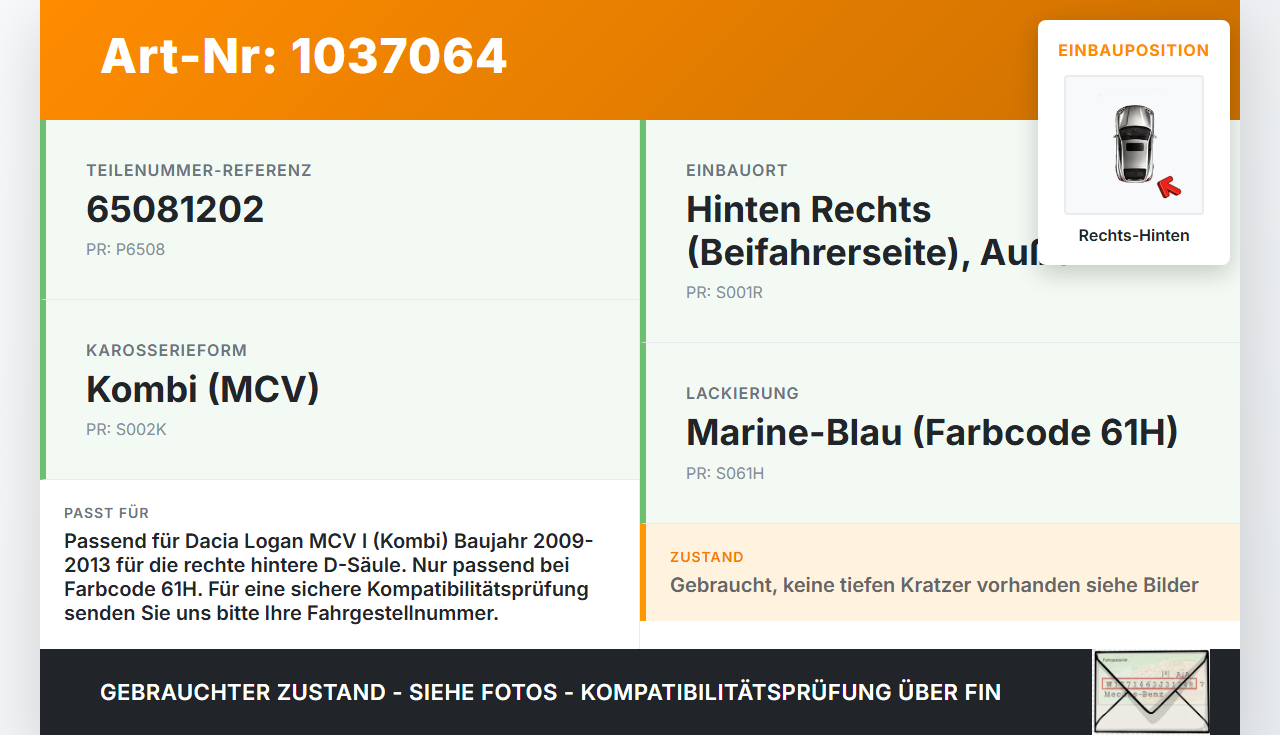Dacia Logan MCV I KS 09-13 D-Säule Beplankung Rechts Hinten Aussen 61H Dacia Logan MCV I KS 09-13 24.11.2009... Vorschau 3