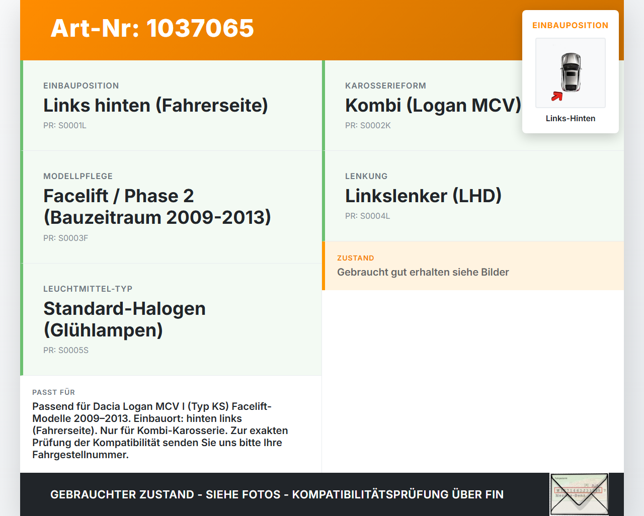 Dacia Logan MCV I KS 09-13 Rückleuchte Rücklicht Heckleuchte Links Hinten orig Dacia Logan MCV I KS 09-13... Vorschau 3
