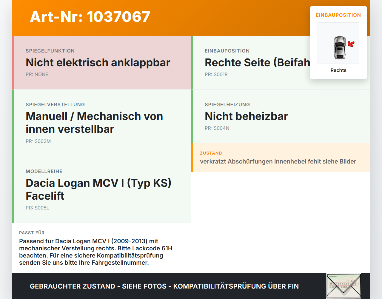 Dacia Logan MCV I KS 09-13 Spiegel Aussenspiegel Rechts Mechanisch 61H Dacia Logan MCV I KS 09-13 24.11.2009... Vorschau 3