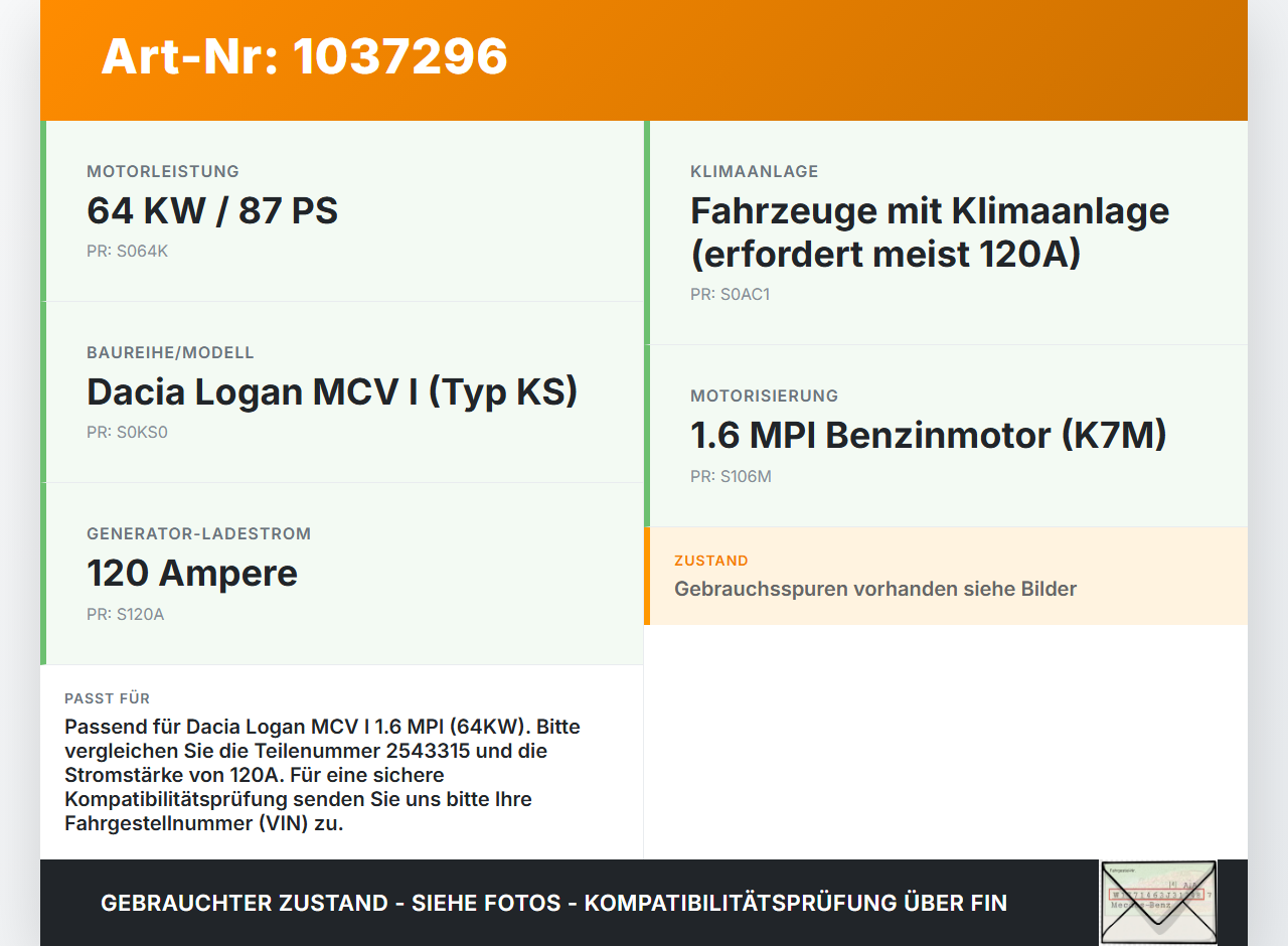 Dacia Logan MCV I KS 09-13 MPI 1,6 64KW Lichtmaschine Generator Dacia Logan MCV I KS 09-13 24.11.2009 8200810621... Vorschau 3