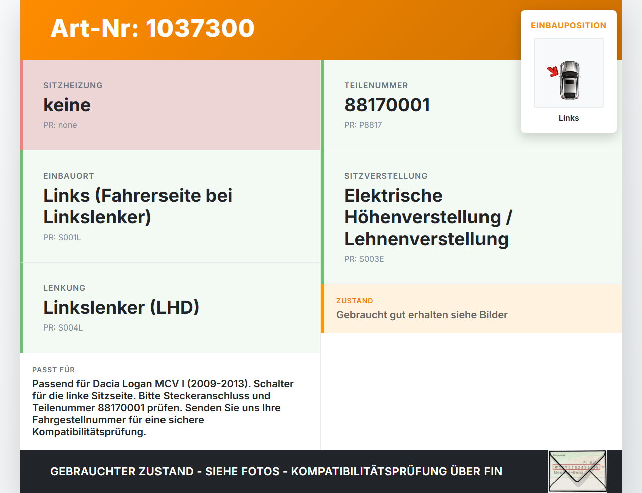 Dacia Logan MCV I KS 09-13 Sitzverstellung Schalter Links Dacia Logan MCV I KS 09-13 24.11.2009 6958525-01... Vorschau 3
