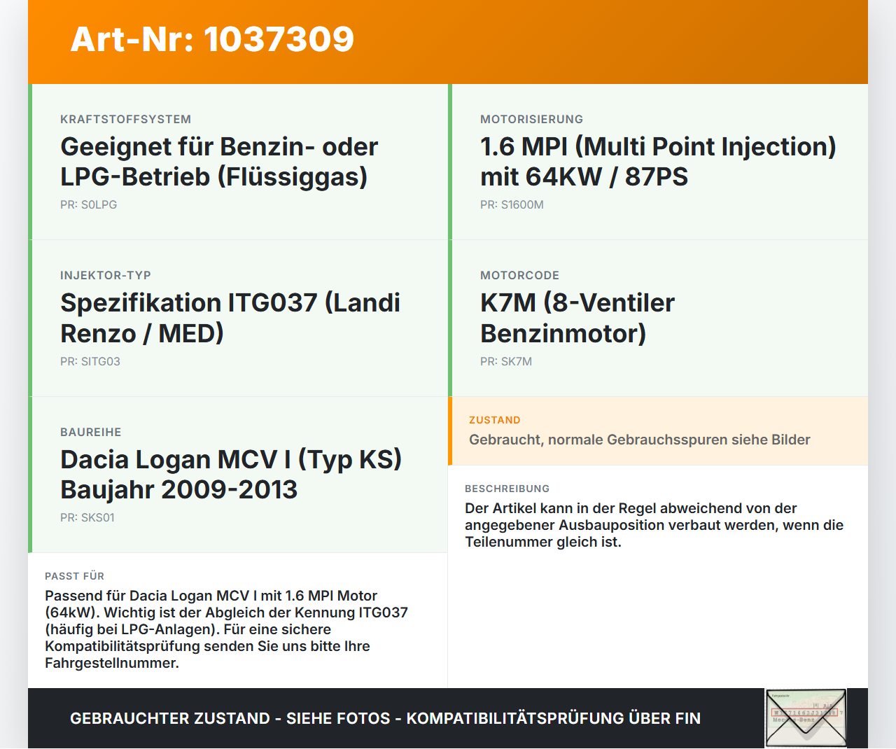 Dacia Logan MCV I KS 09-13 MPI 1,6 64KW Injektor Einspritzdüse Zyl.1 Dacia Logan MCV I KS 09-13 24.11.2009... Vorschau 3