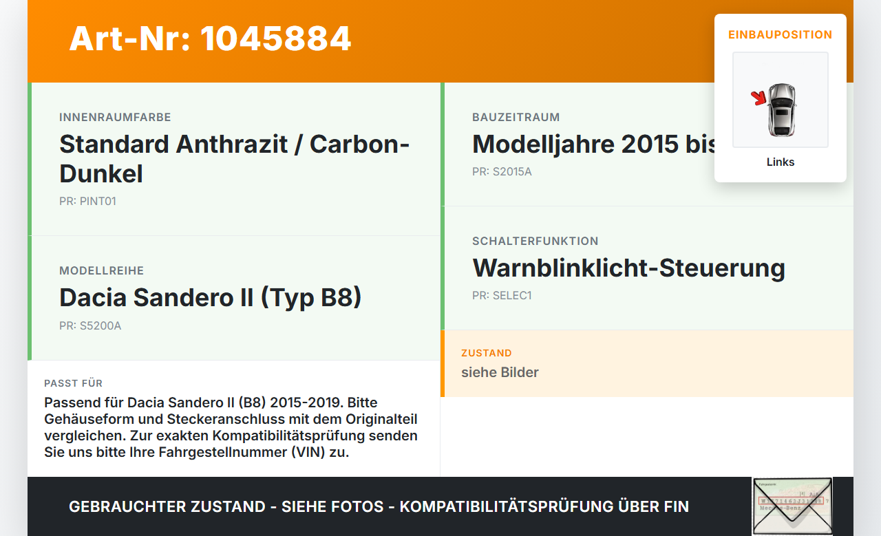 Dacia Sandero II B8 15-19 Warnblinkschalter Schalter Dacia Sandero II B8 15-19 19.12.2014 E316010 gebraucht Vorschau 3