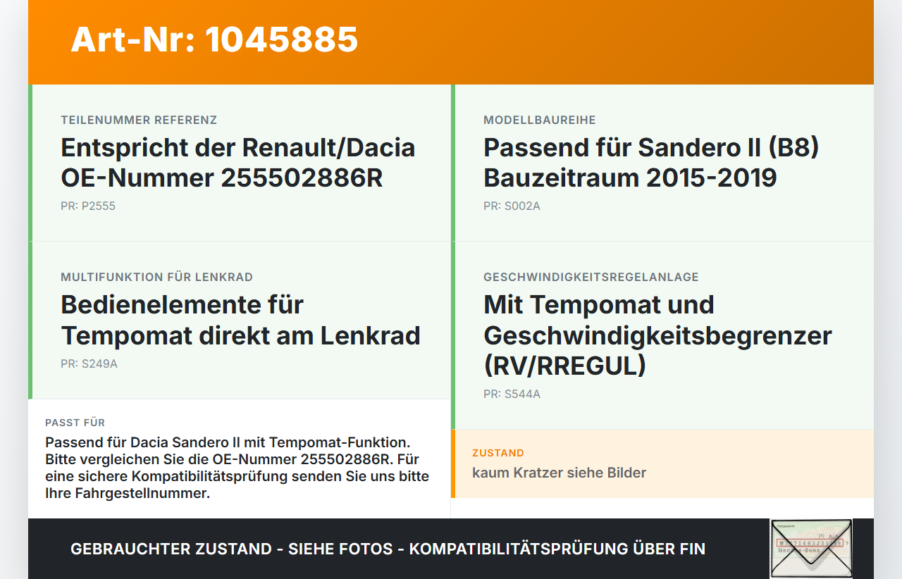 Dacia Sandero II B8 15-19 Schalter für Tempomat Dacia Sandero II B8 15-19 19.12.2014 255502886R 10097500 gebraucht Vorschau 3