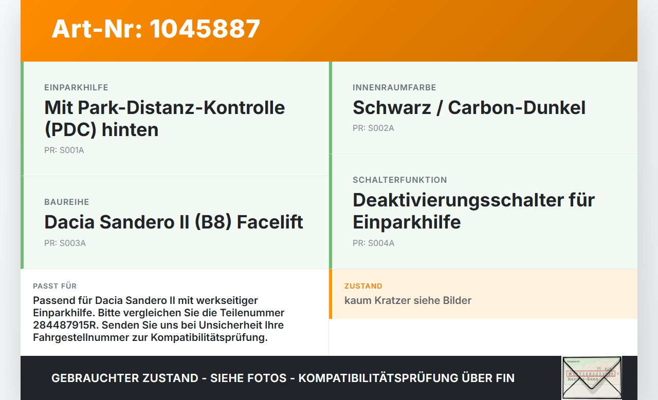 Dacia Sandero II B8 15-19 Schalter PDC Off Dacia Sandero II B8 15-19 19.12.2014 284487915R 10023640 gebraucht Vorschau 3