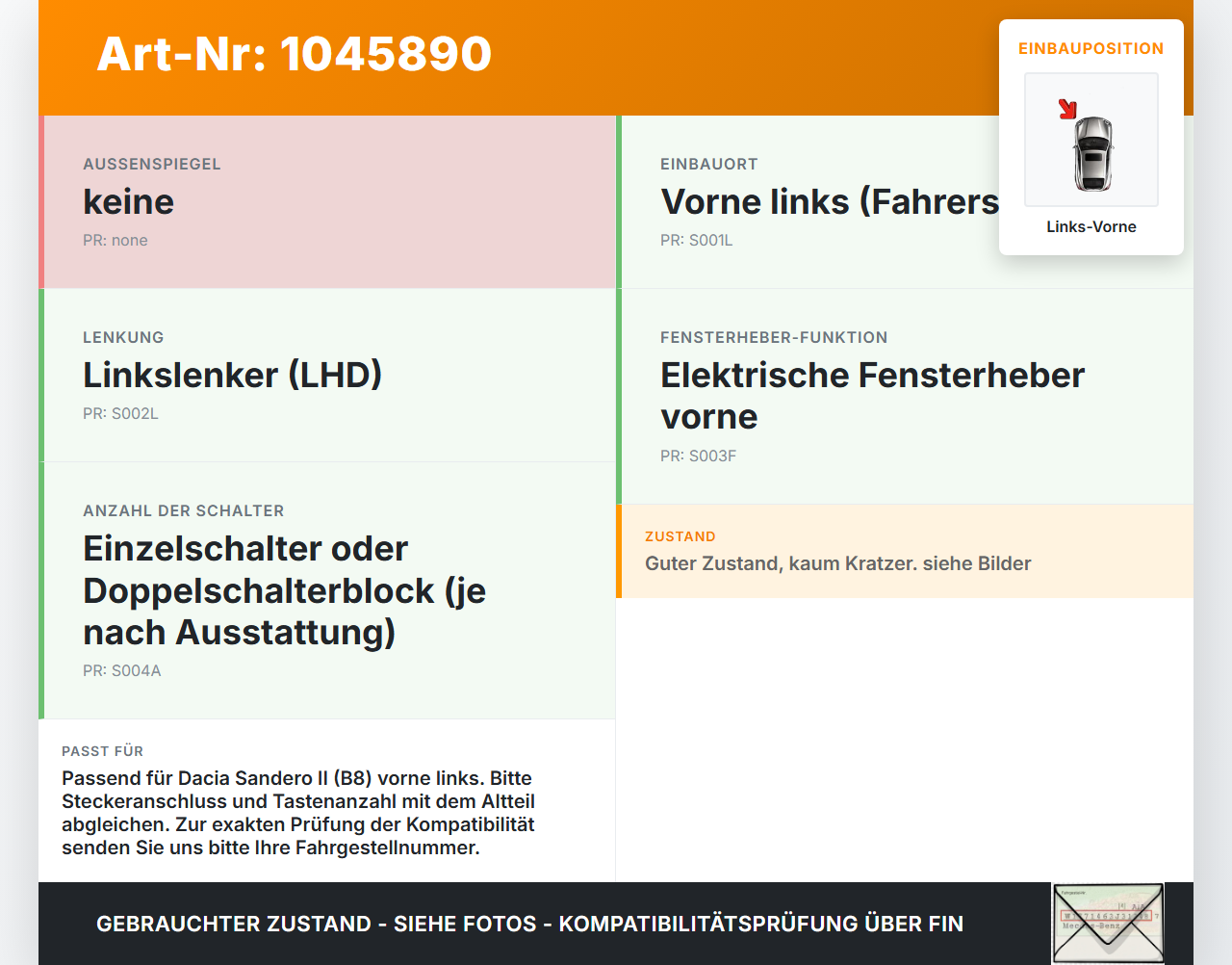 Dacia Sandero II B8 15-19 Lim Fensterheberschalter Schalter Links Vorne Dacia Sandero II B8 15-19 19.12.2014... Vorschau 3