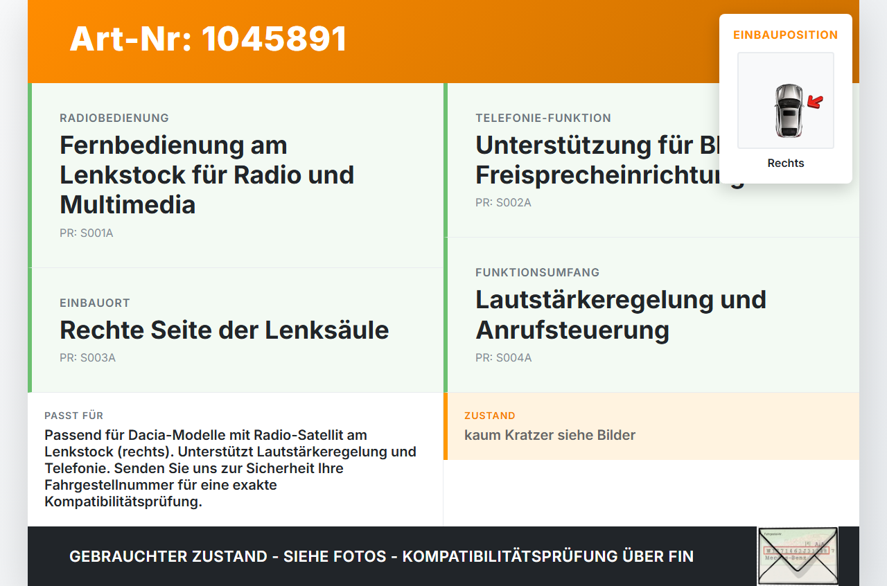 Dacia Sandero II B8 15-19 Radio Fernbedienung für Lautstärke und Telefonie Lenkstockschalter Rechts Dacia Sandero... Vorschau 3