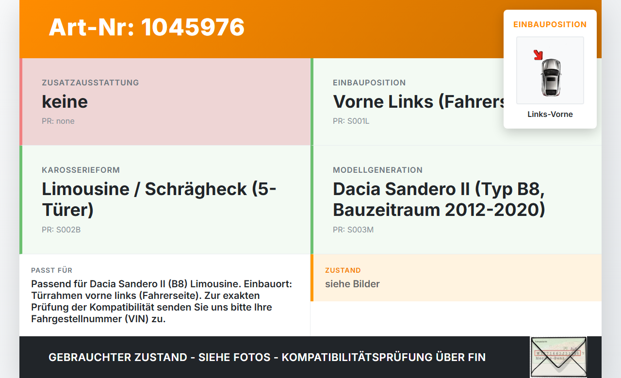 Dacia Sandero II B8 15-19 Lim Dichtung für Rahmen Tür Links Vorne Dacia Sandero II B8 15-19 19.12.2014 gebraucht Vorschau 3