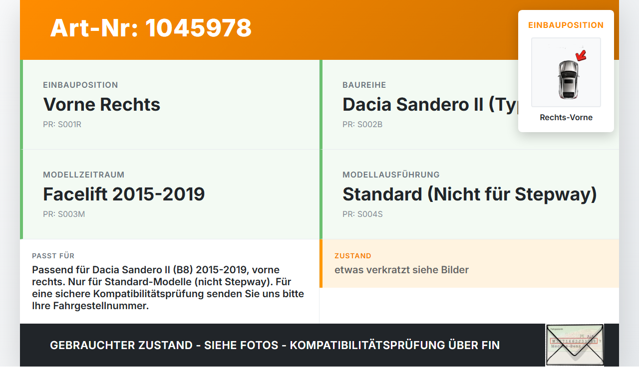 Dacia Sandero II B8 15-19 Verkleidung Radhausschale Rechts Vorne für Kotflügel Dacia Sandero II B8 15-19 19.12.2014... Vorschau 3