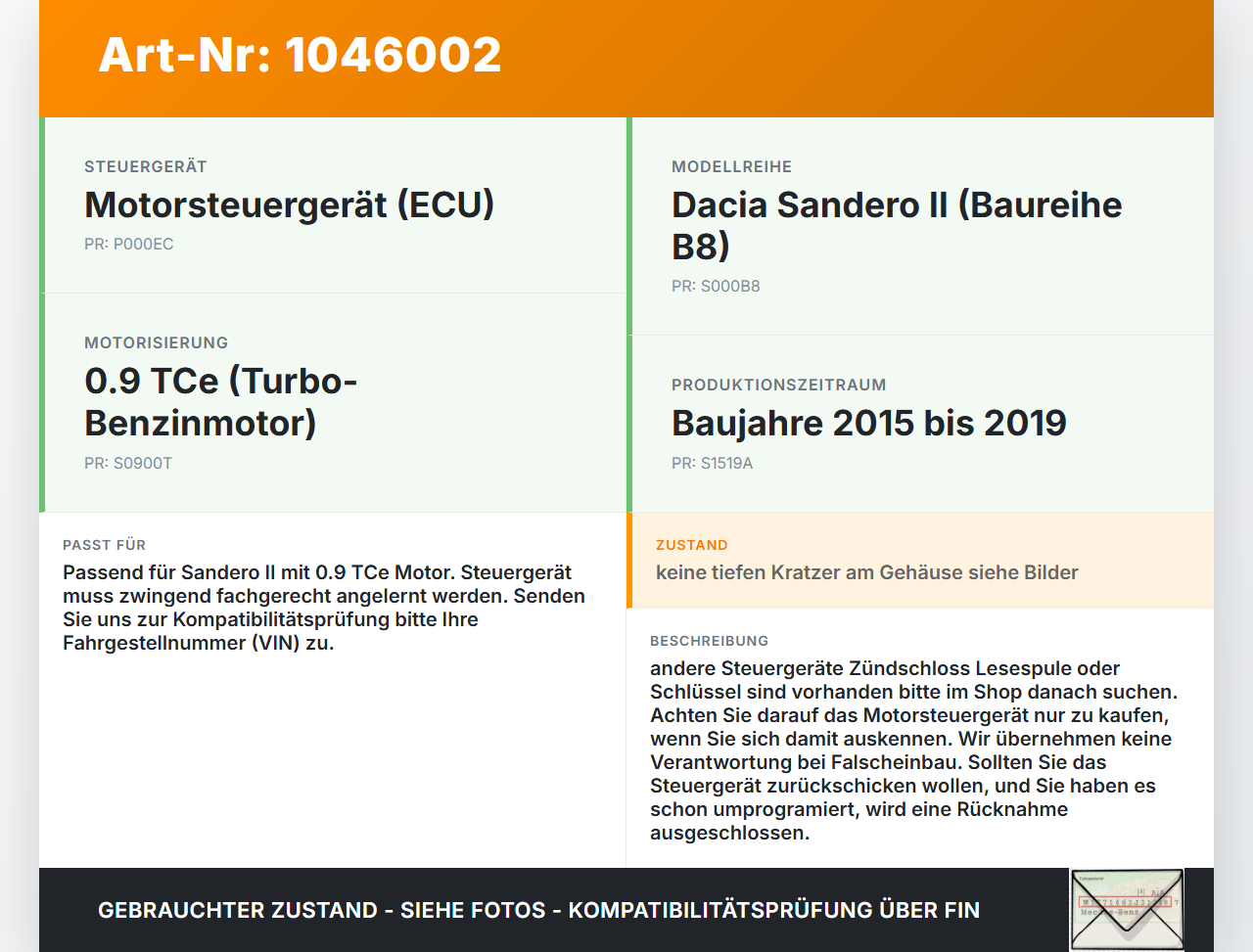 Dacia Sandero II B8 15-19 TCe 0,9 66KW Steuergerät ECU für Motor Motorsteuergerät Dacia Sandero II B8 15-19... Vorschau 3