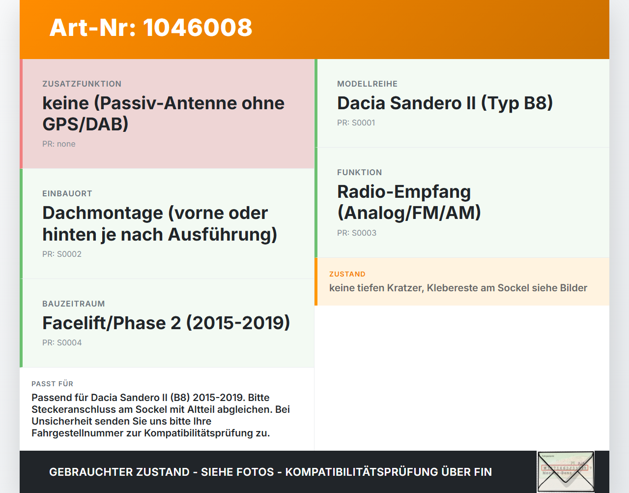 Dacia Sandero II B8 15-19 Antenne Dachantenne Dacia Sandero II B8 15-19 19.12.2014 gebraucht Vorschau 3