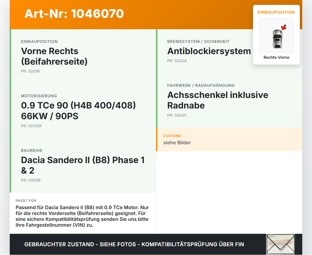 Dacia Sandero II B8 15-19 TCe 0,9 66KW Achsschenkel Radnabe Rechts Vorne Dacia Sandero II B8 15-19 19.12.2014 gebraucht Vorschau 3
