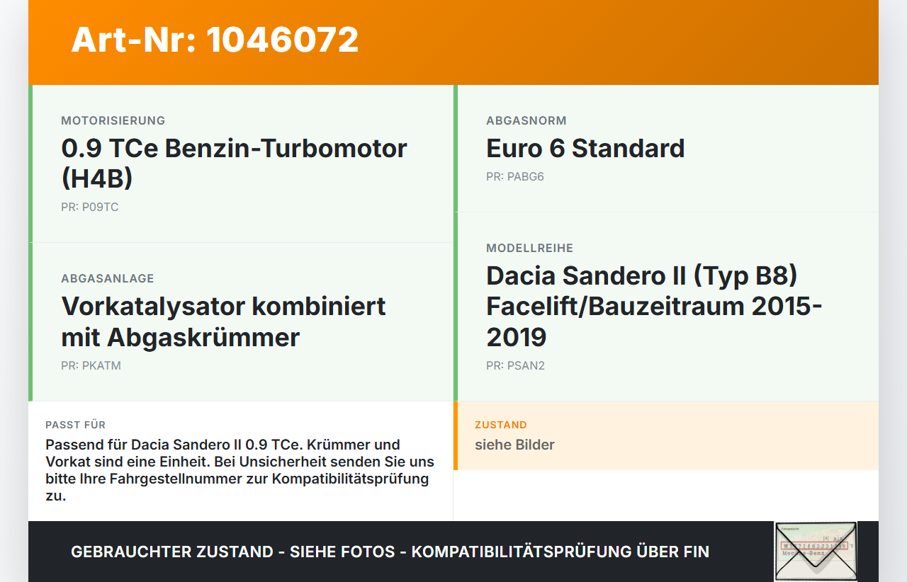 Dacia Sandero II B8 15-19 TCe 0,9 66KW Katalysator Kat Vorkat mit Abgaskrümmer Dacia Sandero II B8 15-19 19.12.2014... Vorschau 3