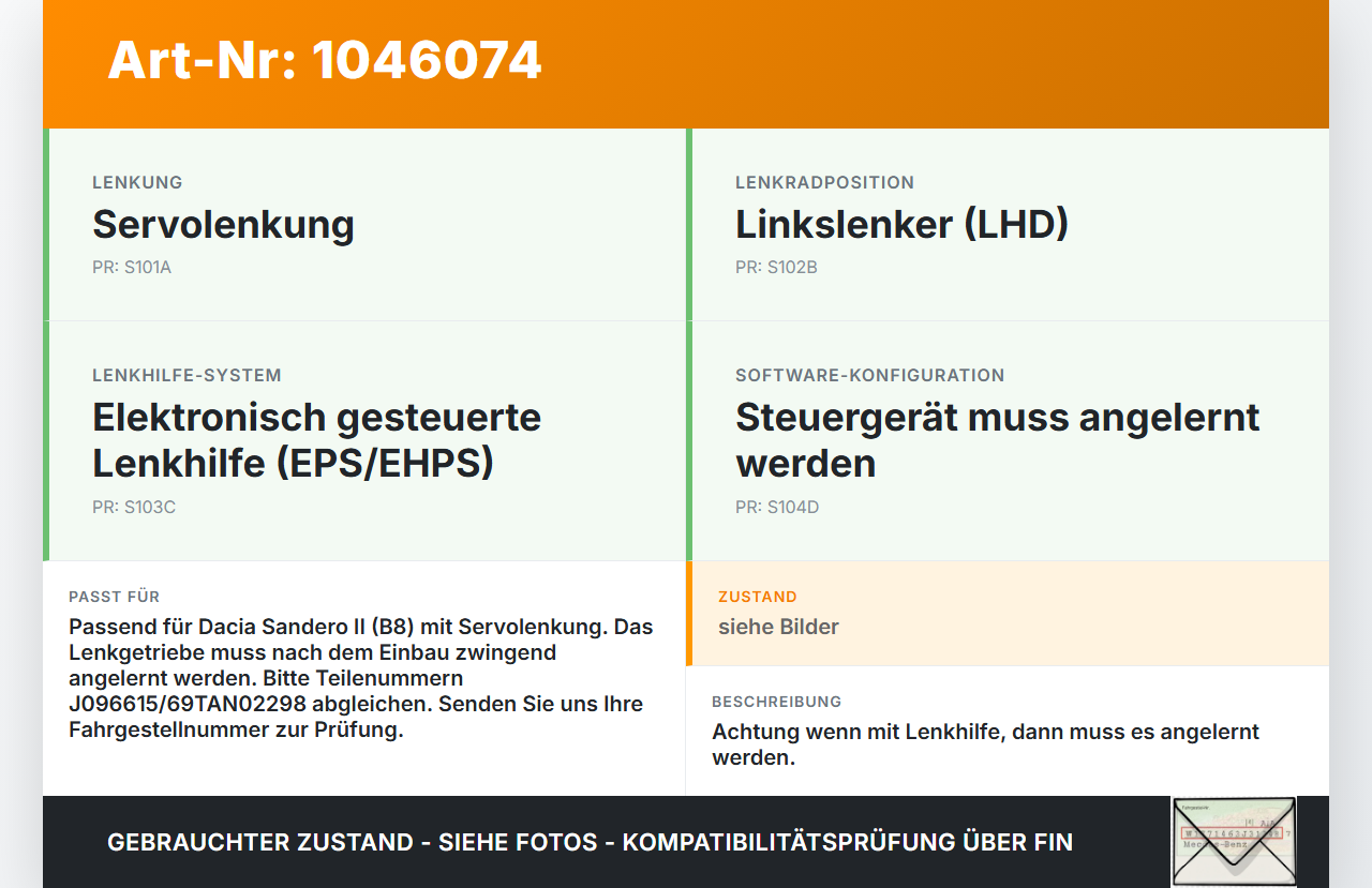 Dacia Sandero II B8 15-19 Lenkgetriebe Servolenkung Dacia Sandero II B8 15-19 19.12.2014 490014306R 69TAN02298... Vorschau 3