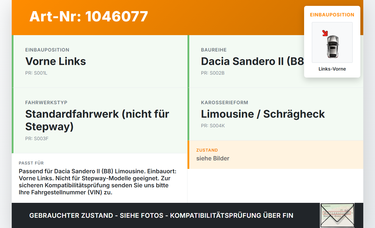 Dacia Sandero II B8 15-19 Lim Federbein Stossdämpfer Vorne Links Dacia Sandero II B8 15-19 19.12.2014 gebraucht Vorschau 3