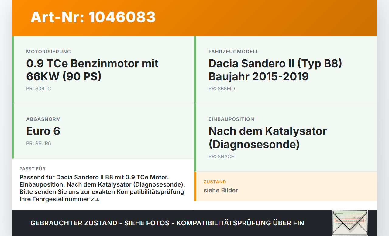 Dacia Sandero II B8 15-19 TCe 0,9 66KW Lambdasonde Nachkat Dacia Sandero II B8 15-19 19.12.2014 gebraucht Vorschau 3