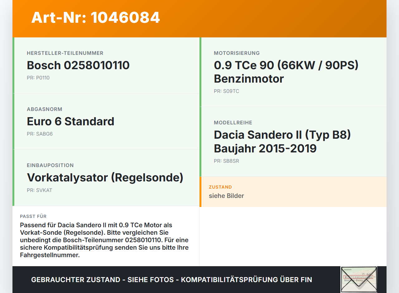 Dacia Sandero II B8 15-19 TCe 0,9 66KW Lambdasonde Vorkat Dacia Sandero II B8 15-19 19.12.2014 0258010110... Vorschau 3