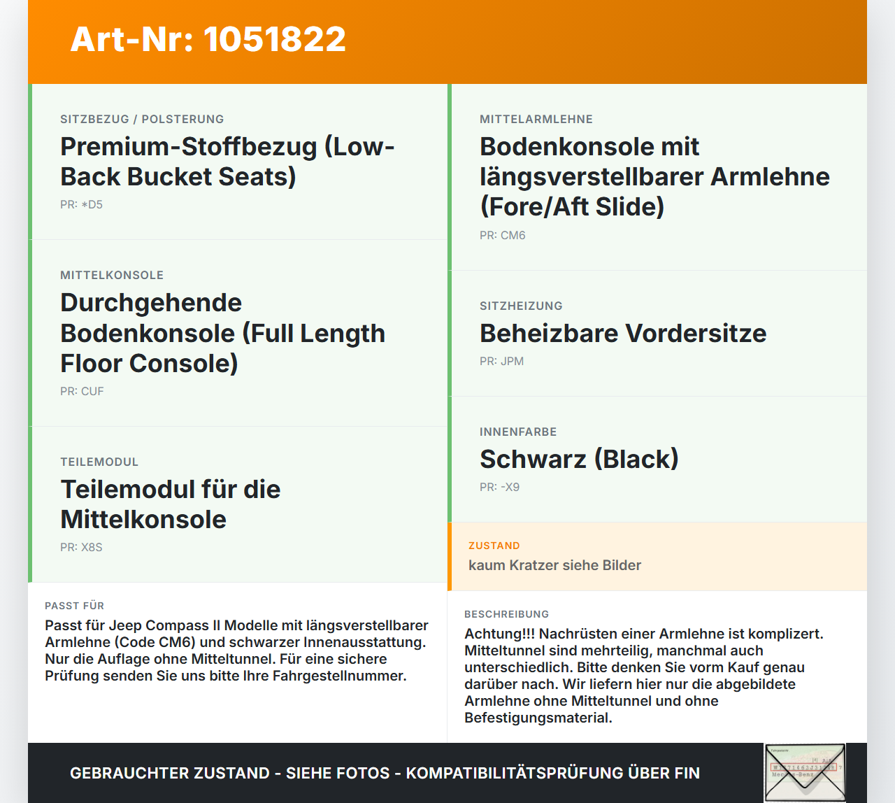 Jeep Compass II 17-21 Armlehne Mittelarmlehne Auflage Jeep Compass II 17-21 12.08.2019 4GIAA3291 2031563XW1-02... Vorschau 3