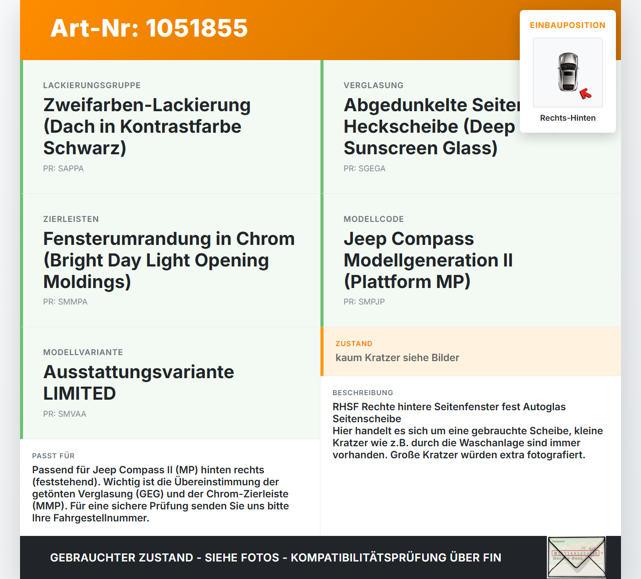 Jeep Compass II 17-21 Seitenscheibe Feste Scheibe Rechts Hinten Orig. getönt Jeep Compass II 17-21 12.08.2019... Vorschau 3