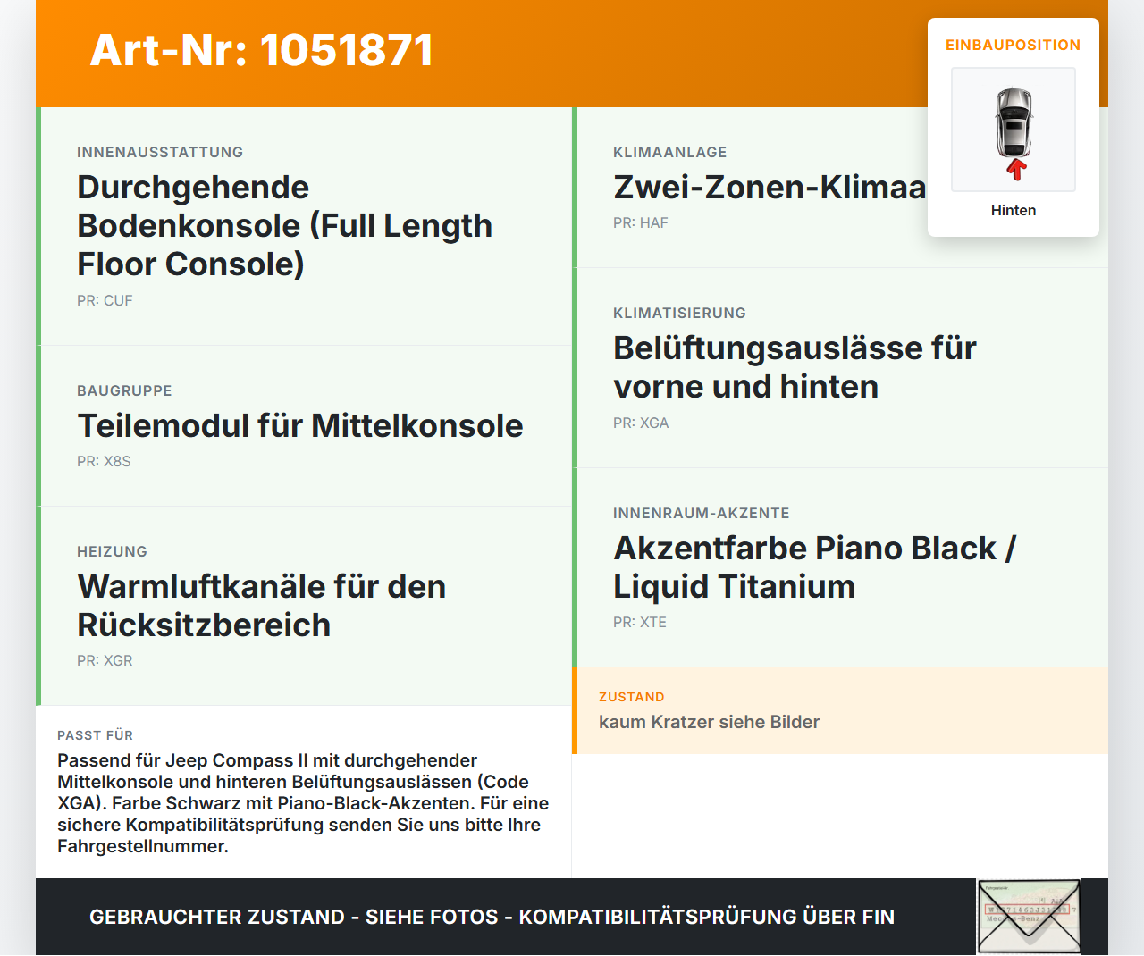 Jeep Compass II 17-21 Luftdusche Luftdüse Mitte Hinten Jeep Compass II 17-21 12.08.2019 gebraucht Vorschau 3