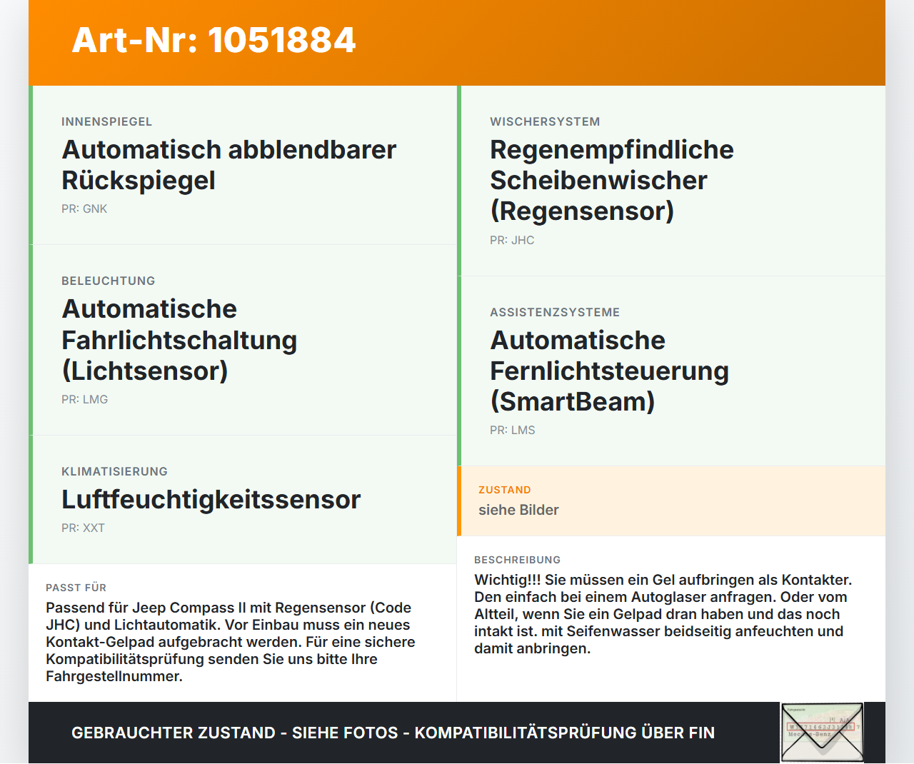 Jeep Compass II 17-21 Regensensor Jeep Compass II 17-21 12.08.2019 56046503AA 10500174 304242 gebraucht Vorschau 3