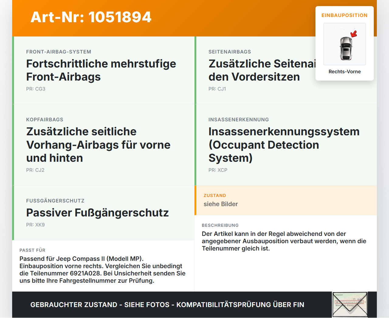 Jeep Compass II 17-21 Airbagsensor Crashsensor Sensor Vorne Rechts Jeep Compass II 17-21 12.08.2019 05084008AA... Vorschau 3