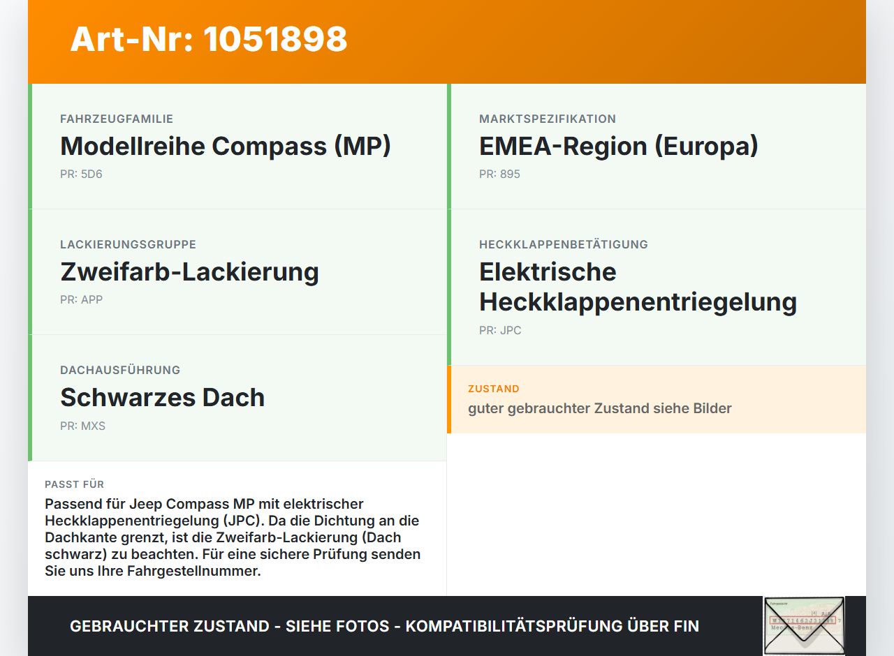 Jeep Compass II 17-21 Dichtung Rahmen für Heckklappe Kofferraum Jeep Compass II 17-21 12.08.2019 gebraucht Vorschau 3
