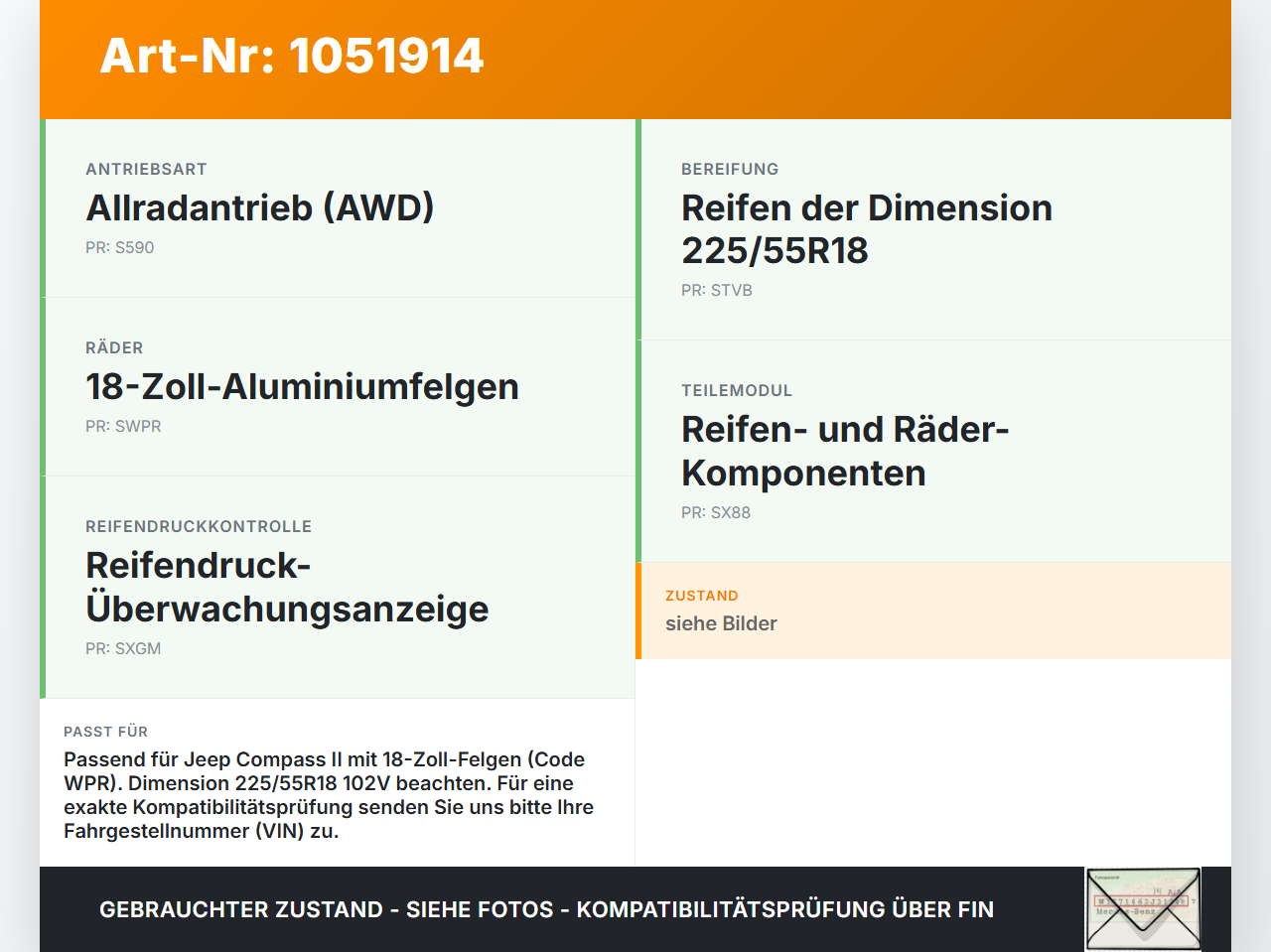 Jeep Compass II 17-21 1 x Reifen Winterreifen Falken 225/55R18 102 V Jeep Compass II 17-21 12.08.2019 gebraucht Vorschau 3