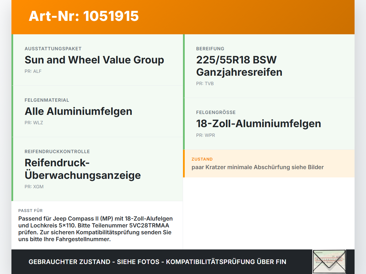 Jeep Compass II 17-21 1 x Felge Aluminiumfelge 18 Zoll 5X110 Jeep Compass II 17-21 12.08.2019 5VC28TRMAA gebraucht Vorschau 3