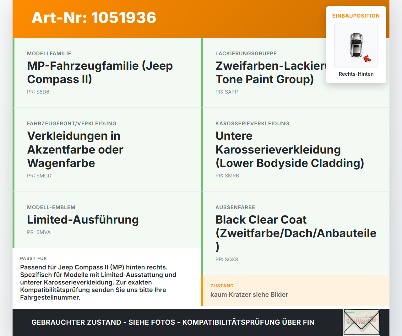 Jeep Compass II 17-21 Radhausschale Verkleidung Radlauf für Kotflügel Rechts Hinten Jeep Compass II 17-21... Vorschau 3
