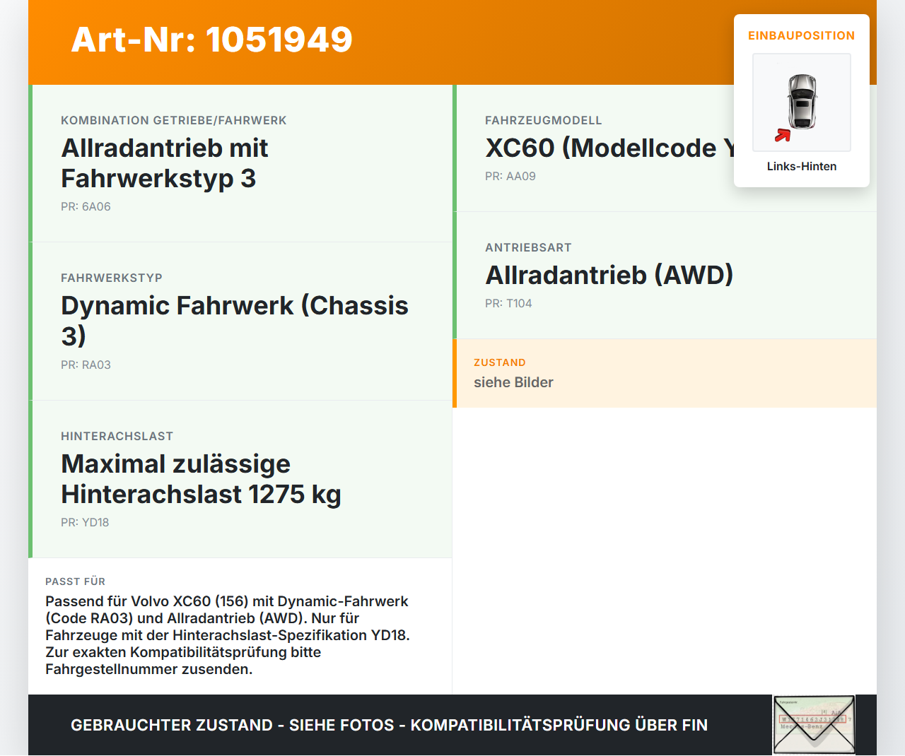 Volvo XC60 156 13-17 Stossdämpfer Links Hinten Volvo XC60 156 13-17 23.11.2016 gebraucht Vorschau 3