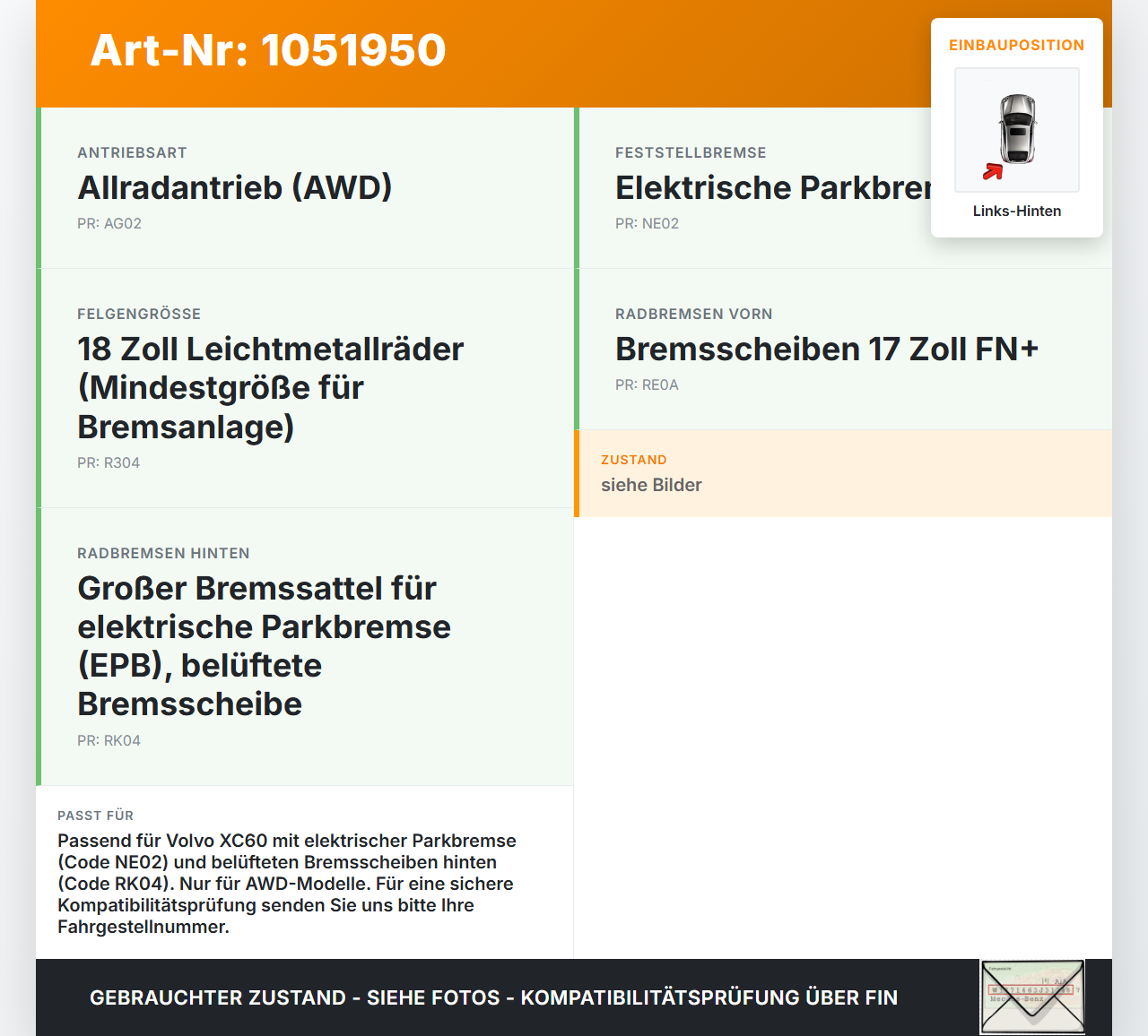 Volvo XC60 156 13-17 2,4 140KW Bremssattel Bremszange mit Stellmotor Hinten Links Volvo XC60 156 13-17 23.11.2016... Vorschau 3
