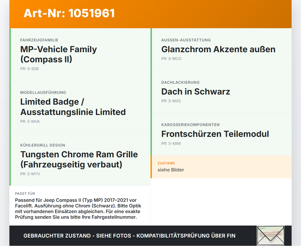 Jeep Compass II 17-21 Kühlergrill Grill Einsatz ohne Chrom Jeep Compass II 17-21 12.08.2019 4010170340AB... Vorschau 3