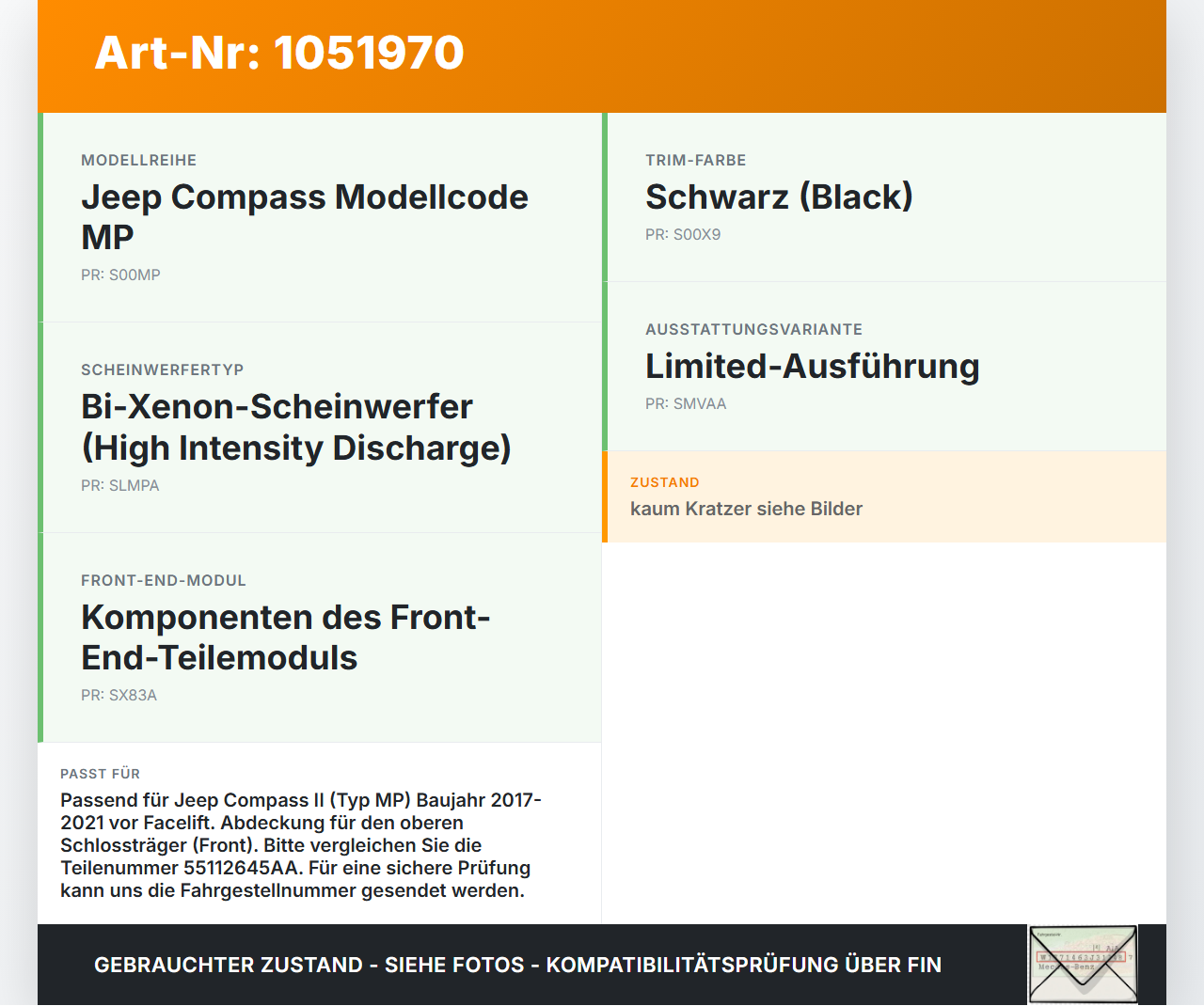 Jeep Compass II 17-21 Abdeckung Schlossträger Jeep Compass II 17-21 12.08.2019 55112645AA E02290000BLR gebraucht Vorschau 3