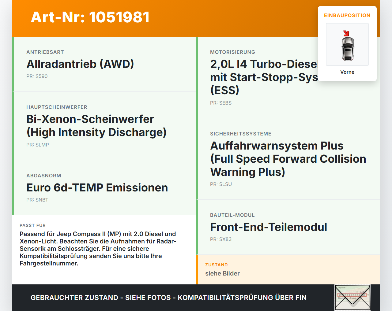 Jeep Compass II 17-21 2,0D 103KW Schlossträger Frontmaske Träger Vorne Jeep Compass II 17-21 12.08.2019 gebraucht Vorschau 3