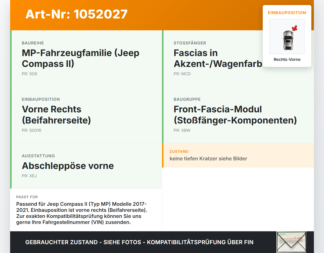 Jeep Compass II 17-21 Pralldämpfer Stoßstange Rechts Vorne Jeep Compass II 17-21 12.08.2019 gebraucht Vorschau 3